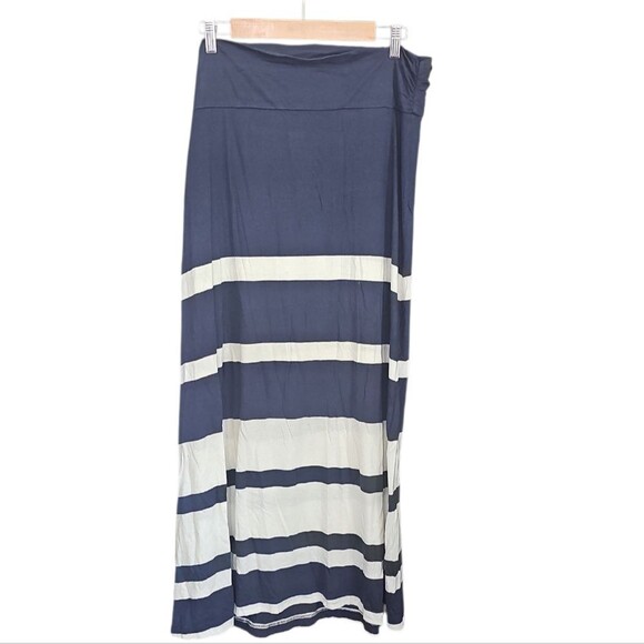 Tommy Hilfiger Navy & White Striped Maxi Skirt Sz L Cotton Modal Blend Nautical - Picture 1 of 10
